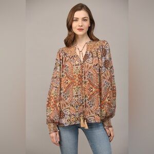 NWT Fate Bohemian Paisley Print Lurex Chiffon Smocked Yoke Blouse In Taupe M